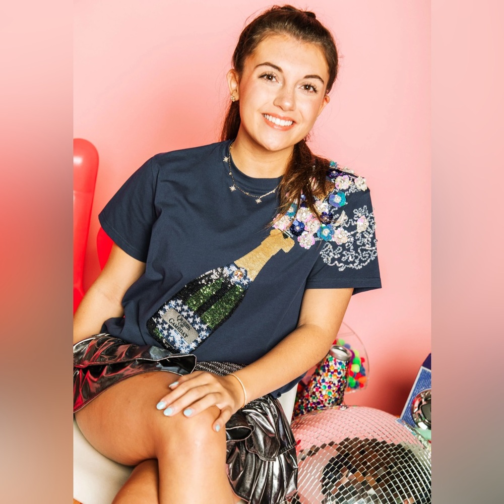 New! QUEEN OF SPARKLES Navy & Silver Star Tee Popping Champagne Tee - Picture 12 of 13